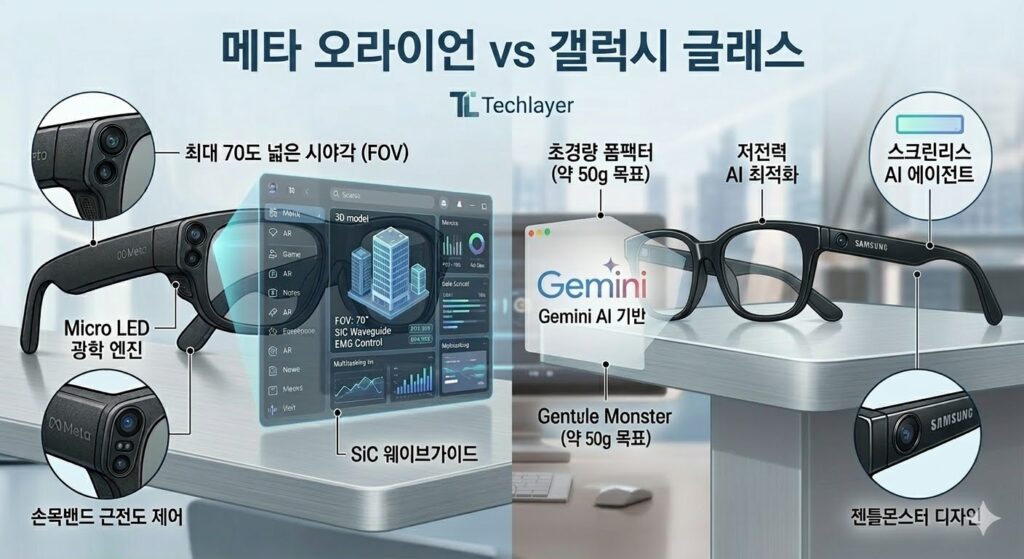 메타 오라이언 vs 갤럭시 글래스 디자인 비교 및 AR 기술 분석 렌더링