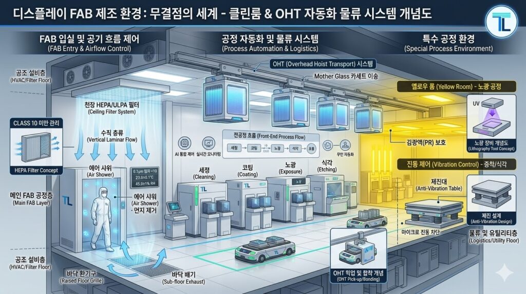 Techlayer 심층 분석: 디스플레이 FAB 제조 환경 및 OHT 자동화 물류 시스템 개념도 - 무결점의 세계