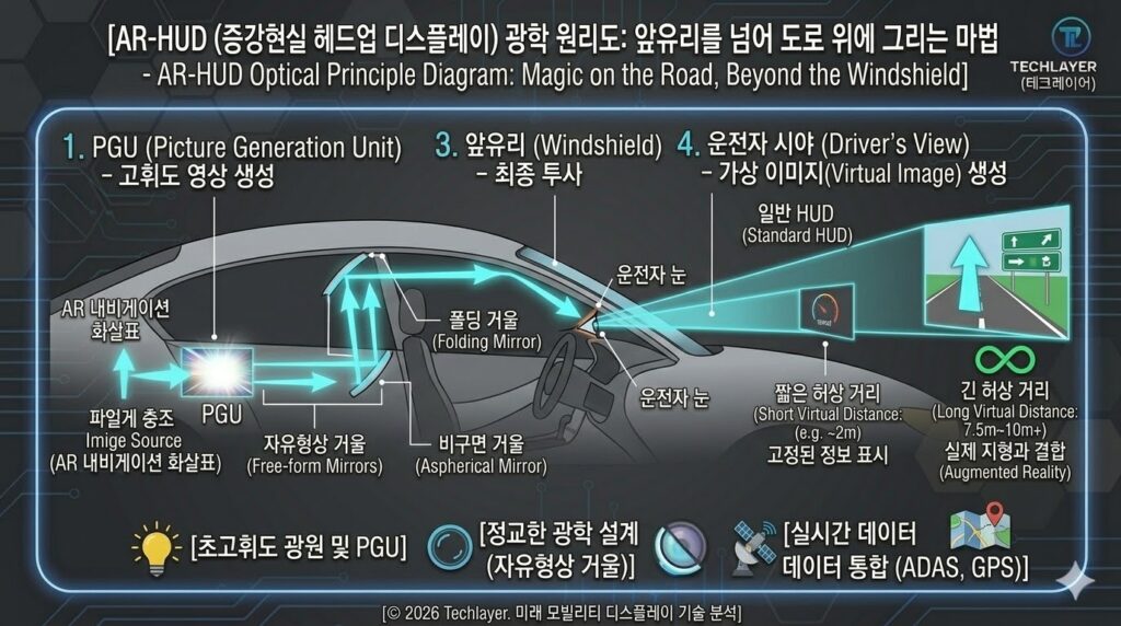 **"AR-HUD 광학 원리 및 허상 거리 비교 도표"**