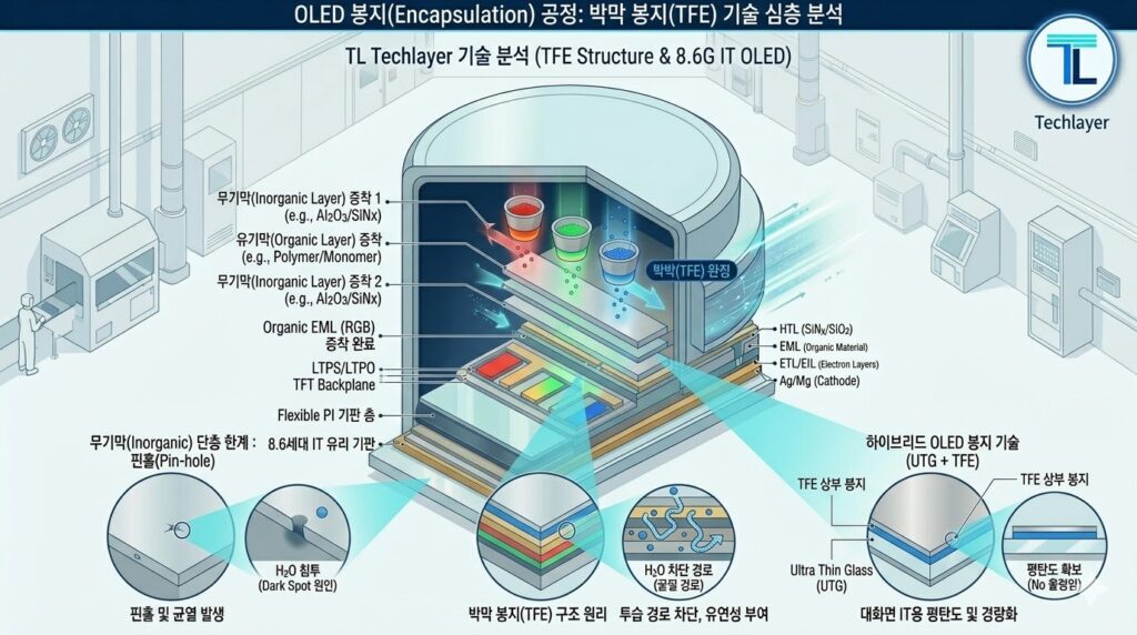 **"OLED 봉지(Encapsulation) 공정: 박막 봉지(TFE) 기술 상세 도해"**