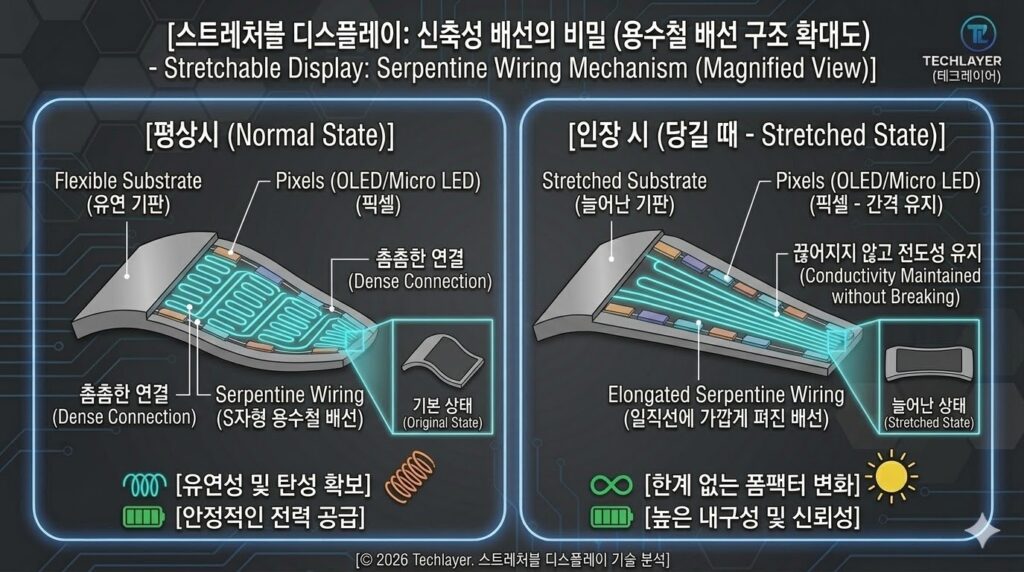 **"스트레처블 디스플레이의 평상시 및 인장 시 용수철 배선 구조 확대도"**