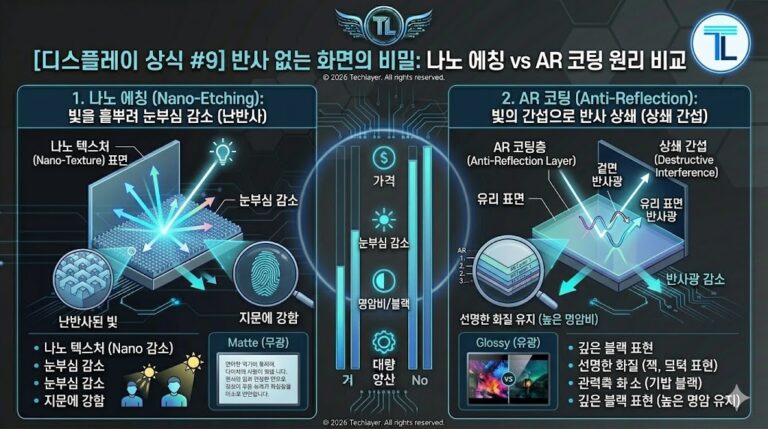 [디스플레이 상식 #9] 반사 없는 화면의 비밀: 나노 에칭 vs AR 코팅, 무엇이 다를까?
